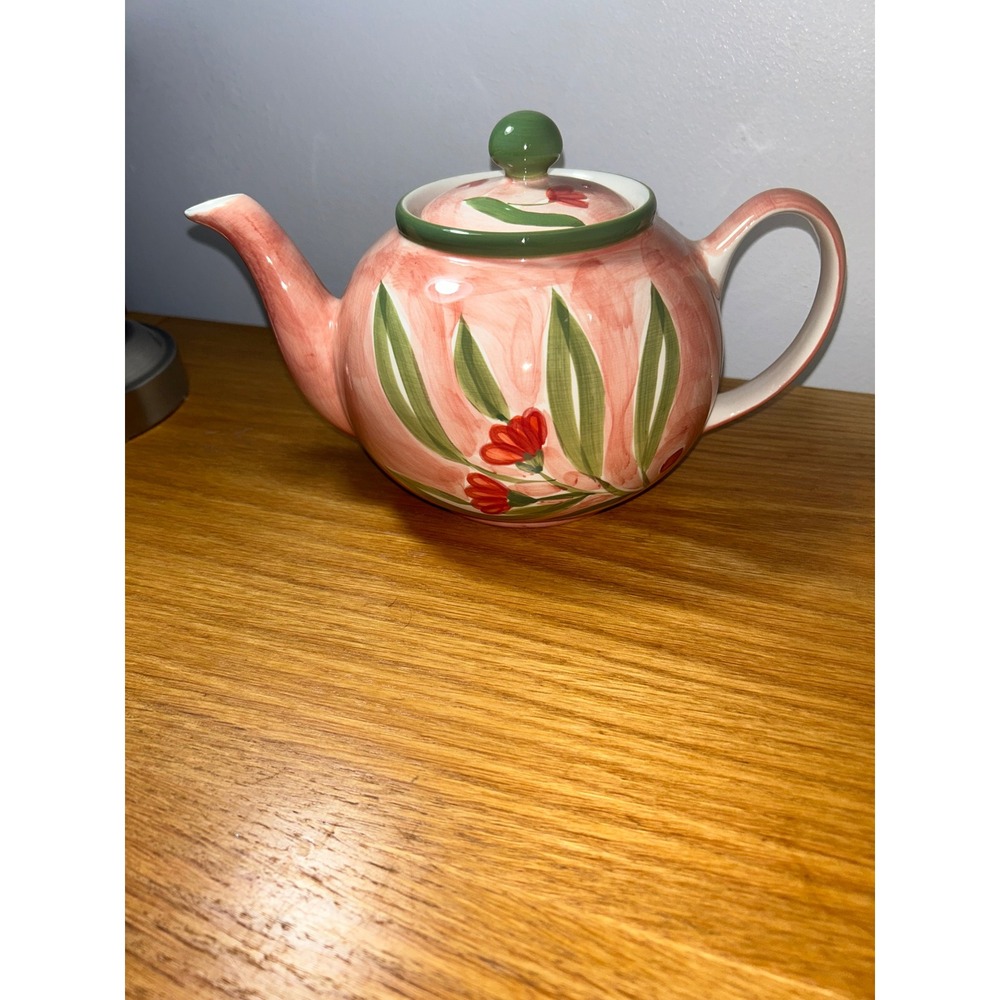 April Cornell 2001 Floral Ceramic Teapot Pink Green Hand Painted Thailand
